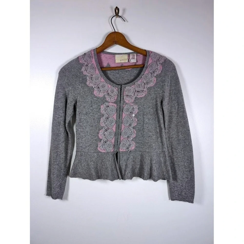 Guinevere Anthropologie Cardigan Medium Peplum Cashmere Angora Blend Lace Beaded